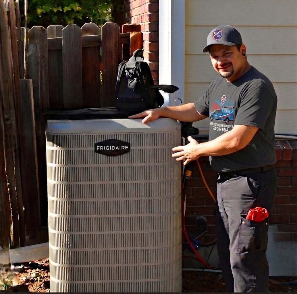Hero Heating & Cooling technician with an air filter